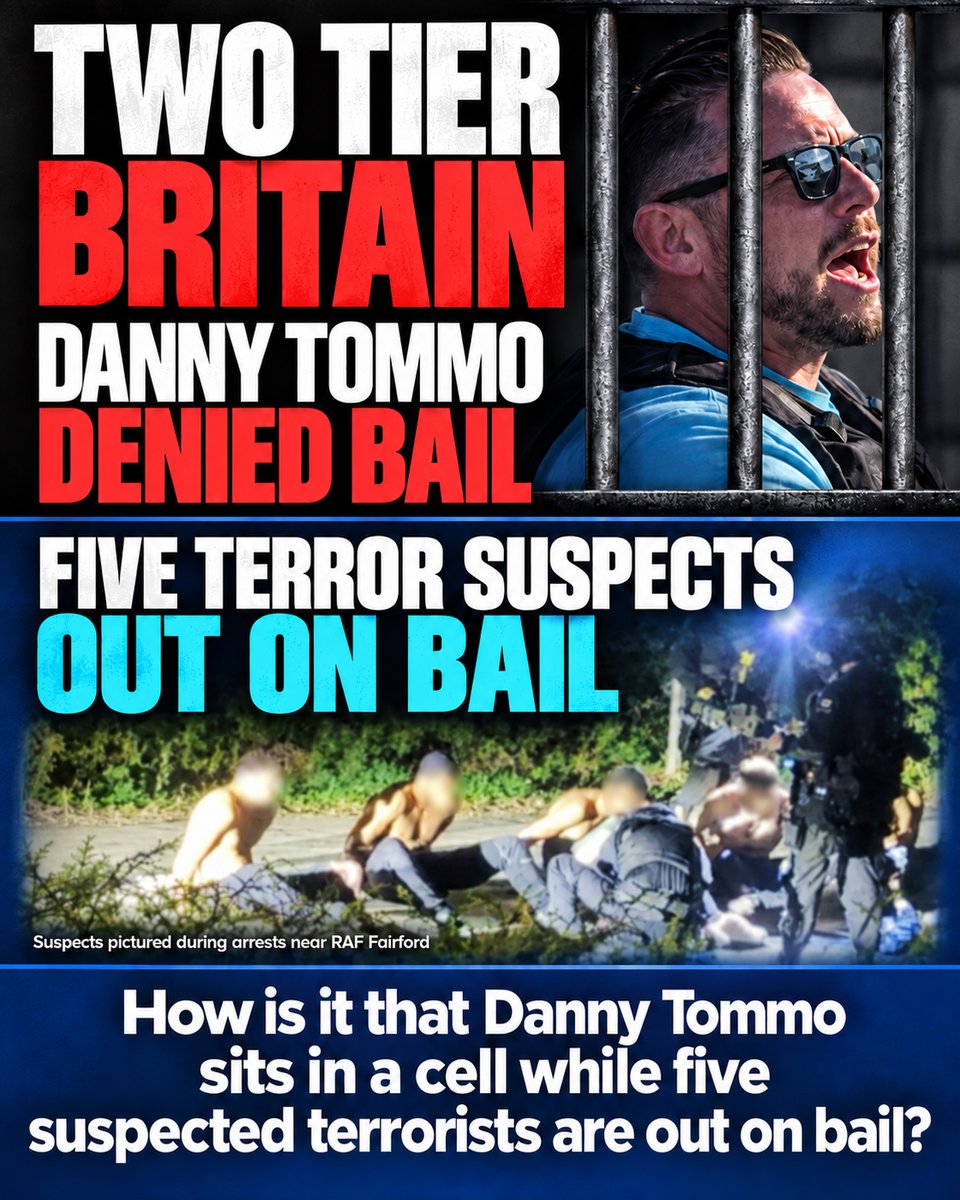 darrengrimes's tweet photo. Danny Tommo: denied bail for 'criminal damage' against an illegal boat.

Five terror suspects arrested near RAF Fairford: bailed after just 36 hours.

If the authorities want us to trust that justice is being applied equally, they need to explain it.

Sneering “two-tier Britain is a myth” won’t cut it.