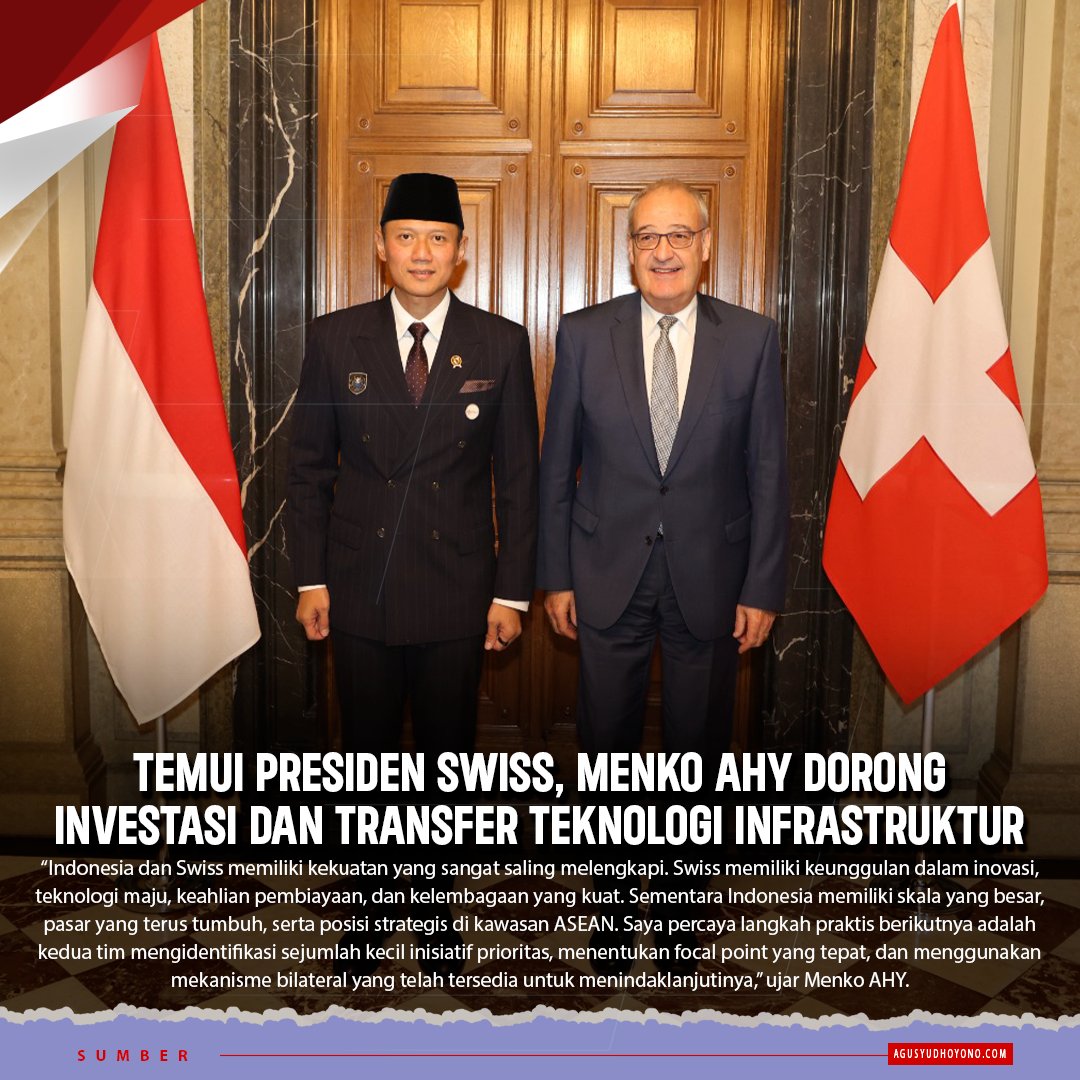 AHY_Galery's tweet photo. Temui Presiden Swiss, Menko AHY Dorong Investasi dan Transfer Teknologi Infrastruktur https://t.co/2Frg3hmpG2