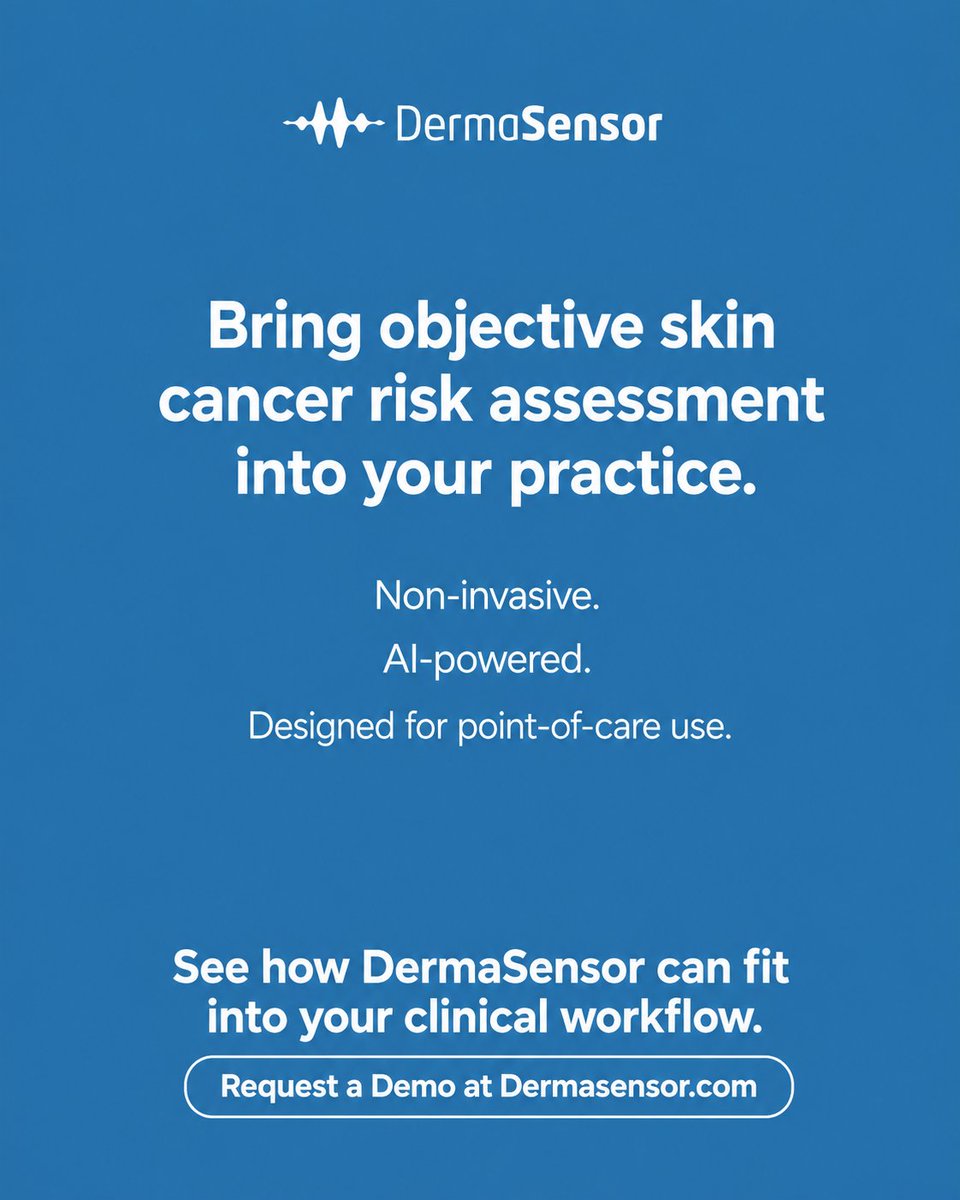 DermaSensor's tweet photo. The only FDA-cleared automated solution for skin cancer detection, and it fits in your hand. DermaSensor uses AI + Elastic Scattering Spectroscopy to help physicians assess lesions at the point of care. Objective. Fast. Built for real practices. Request a demo, link in bio. https://t.co/cKLBQEwxa0