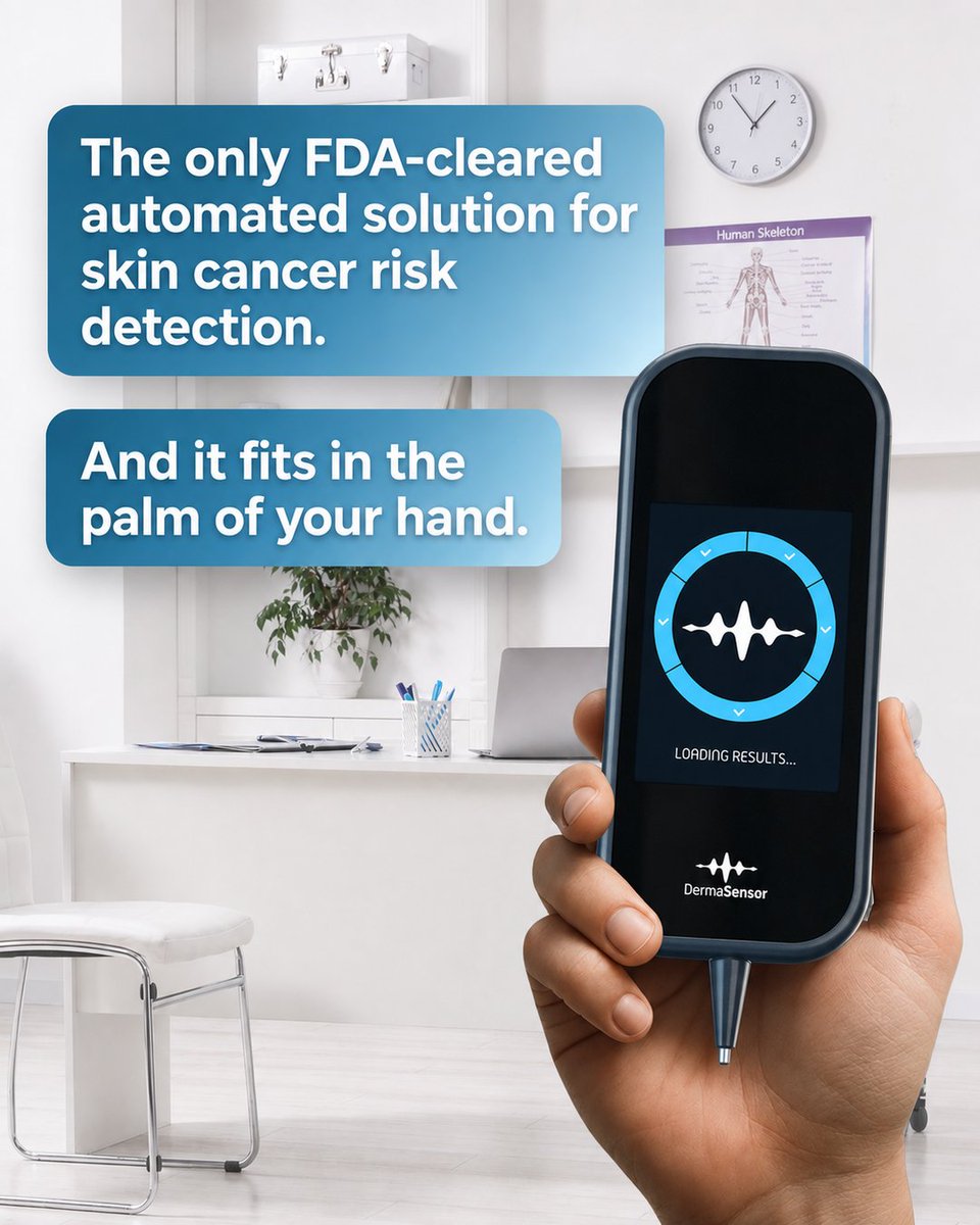 DermaSensor's tweet photo. The only FDA-cleared automated solution for skin cancer detection, and it fits in your hand. DermaSensor uses AI + Elastic Scattering Spectroscopy to help physicians assess lesions at the point of care. Objective. Fast. Built for real practices. Request a demo, link in bio. https://t.co/cKLBQEwxa0