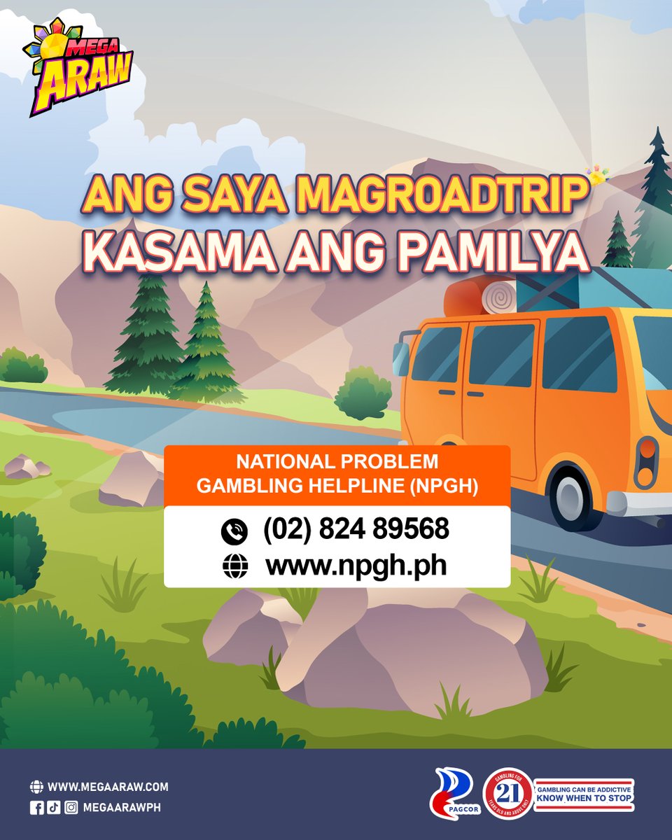 megaaraw's tweet photo. Ang saya mag-roadtrip kasama ang pamilya! 🚐🌄
Make time for real-life moments that matter most. Enjoy your gaming sessions, but don't forget to recharge with loved ones! ❤️✨
#MegaAraw #PlayResponsibly #MegaArawCares #ResponsibleGaming #TakeABreak https://t.co/XilSrntDJt