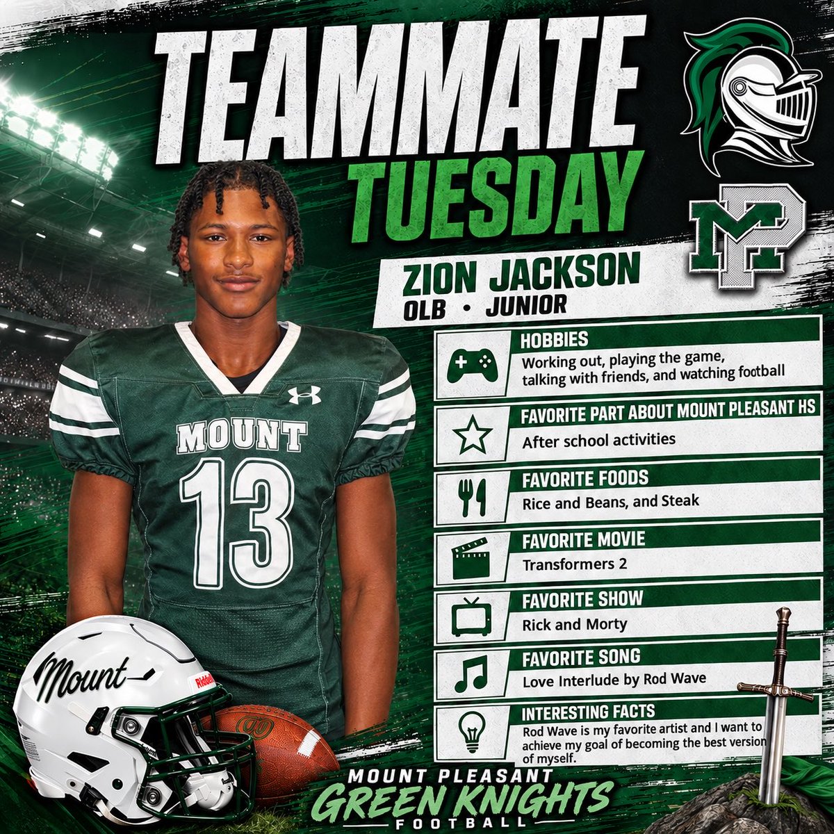 GreenKnightsFB's tweet photo. Learn more about Zion this Teammate Tuesday. #teammatetuesday #favorites #bestself #GreenKnightsALLin https://t.co/seGsutIrj1