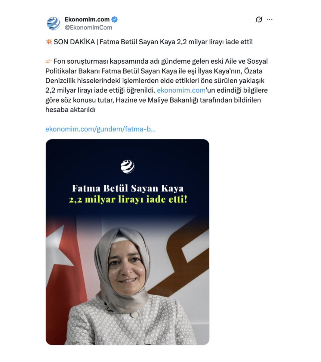 bosunatiklama's tweet photo. Ekonomim'in haberine göre:

▬ Fatma Betül Sayan Kaya ve eşi İlyas Kaya, Özata Denizcilik hisselerindeki işlemlerden elde ettikleri öne sürülen yaklaşık 2.2 milyar TL'yi iade etti.

 ▬ Söz konusu tutar, Hazine ve Maliye Bakanlığı tarafından bildirilen hesaba aktarıldı.

▬ SPK kanunu çerçevesinde hakkında suç duyurusu kararı alınan kişiler, elde ettiği geliri geri ödemeleri halinde etkin pişmanlıktan yararlanabiliyor.