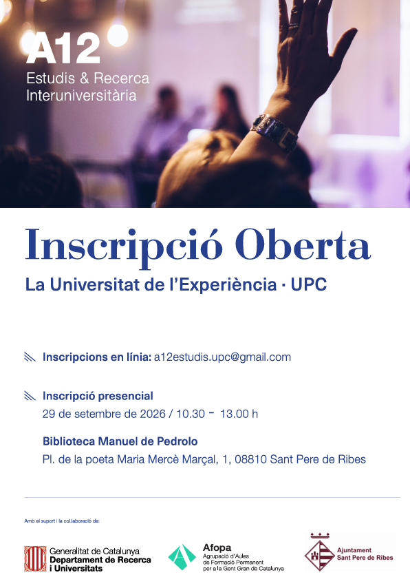 BibliotequesSPR's tweet photo. Ja estan obertes les inscripcions per a la Universitat de la Experiència, a la Biblioteca Manuel de Pedrolo #spribes https://t.co/Wsbp7FYT0Y
Dijous 15 d'octubre, primera xerrada, amb una jornada de portes obertes. Us hi esperem! https://t.co/fiZnOgiEjQ