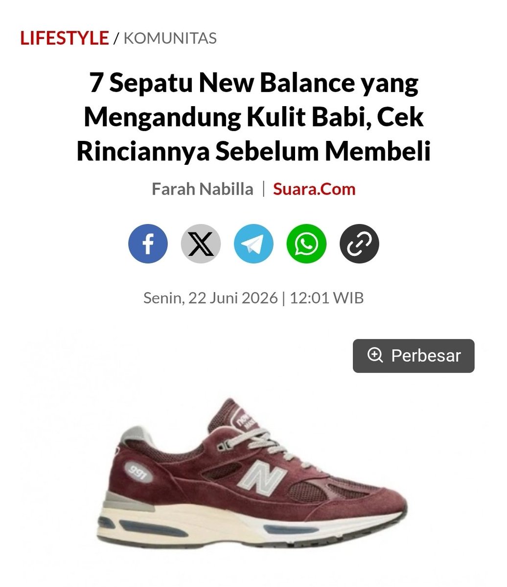 martabakismissu's tweet photo. LAH TERNYATA SEPATU NB ADA YANG MENGANDUNG KULIT BABI (PIGSKIN)?!

Sempet kaget pas baca artikel ini karena baru tau, tapi aku juga jadi kepo bedanya sama yang pakai material biasa tuh apa 😭🙏 https://t.co/973vD36e7K
