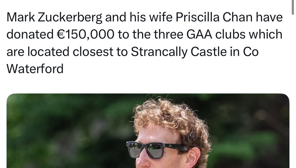 paddycosgrave's tweet photo. Zuckerberg, worth ~€250 billion, donating €150,000 to 3 GAA clubs over 2 years, is the equivalent of a millionaire - someone worth €1 million - donating €0.60 cent to 3 GAA clubs. Or someone on the median wage of €41,000 donating less than 1 cent of their salary to each club https://t.co/YpVr3NVtiD