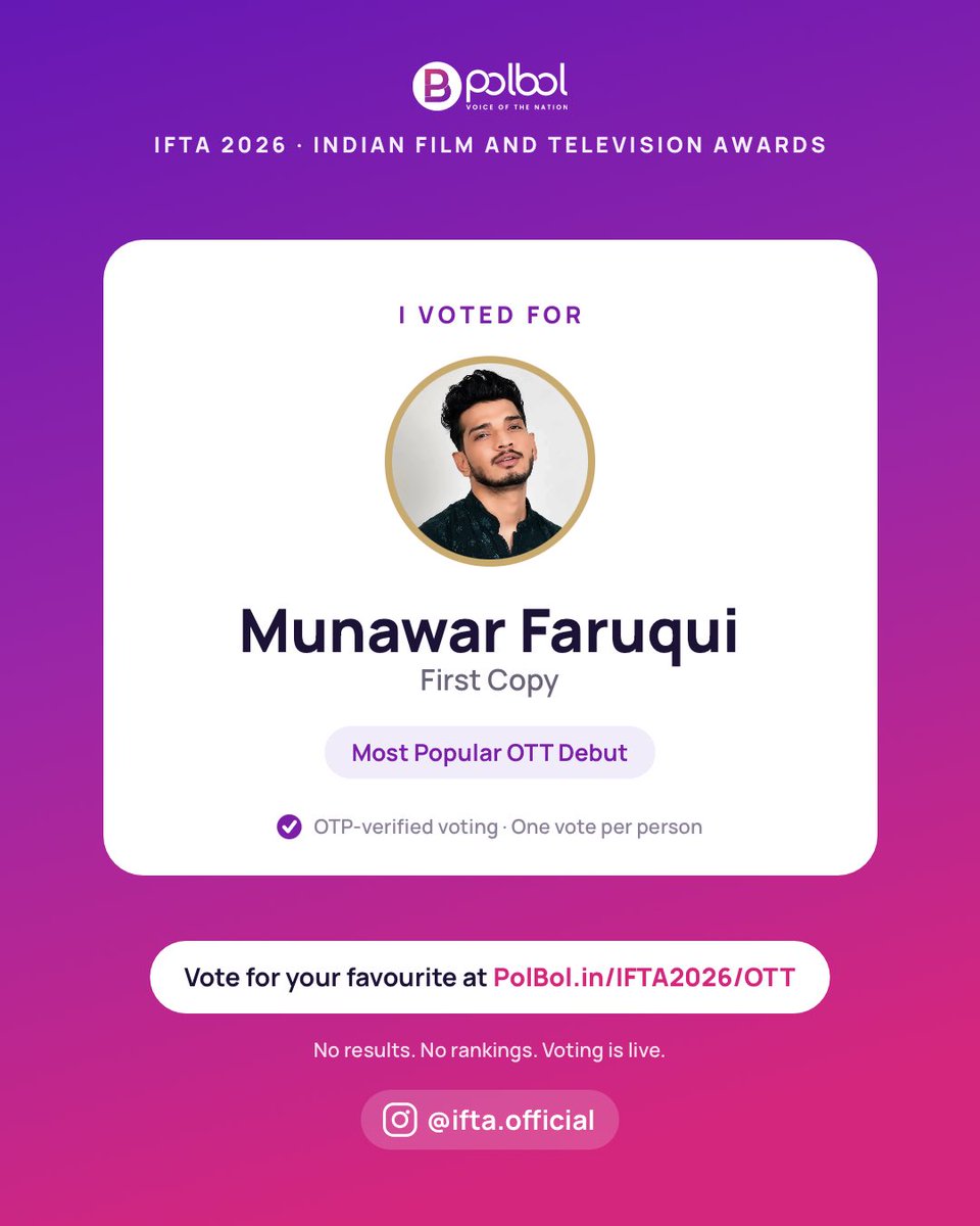 StopThatIzzu's tweet photo. 🚨 VOTING IS LIVE! 🚨

#MunawarFaruqui is nominated for Most Popular Debut at IFTA 2026! ❤️‍🔥

Don’t wait go vote NOW! 🗳️🔥
Open the link, vote for Munawar, and ask your friends to vote too. Every vote counts! ❤️

🔗 https://t.co/i8Tw1Hqk6V

#MKJW #MostPopularDebut https://t.co/miAFeAMjt4