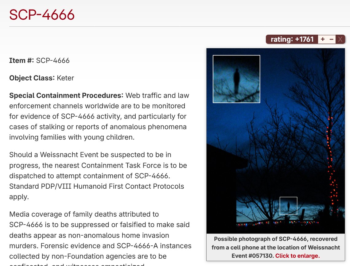 NegentropySCP's tweet photo. I'd argue that SCP-4666 was such a murder monster that it effectively shut the door on murder monster SCPs. You literally cannot get murderier or monsterier than the Yule Man. It's the culmination.

SCP-4666 is 'The Irishman' to the murder monster, a definitive wrap on the genre. https://t.co/wnEGUQk4CT