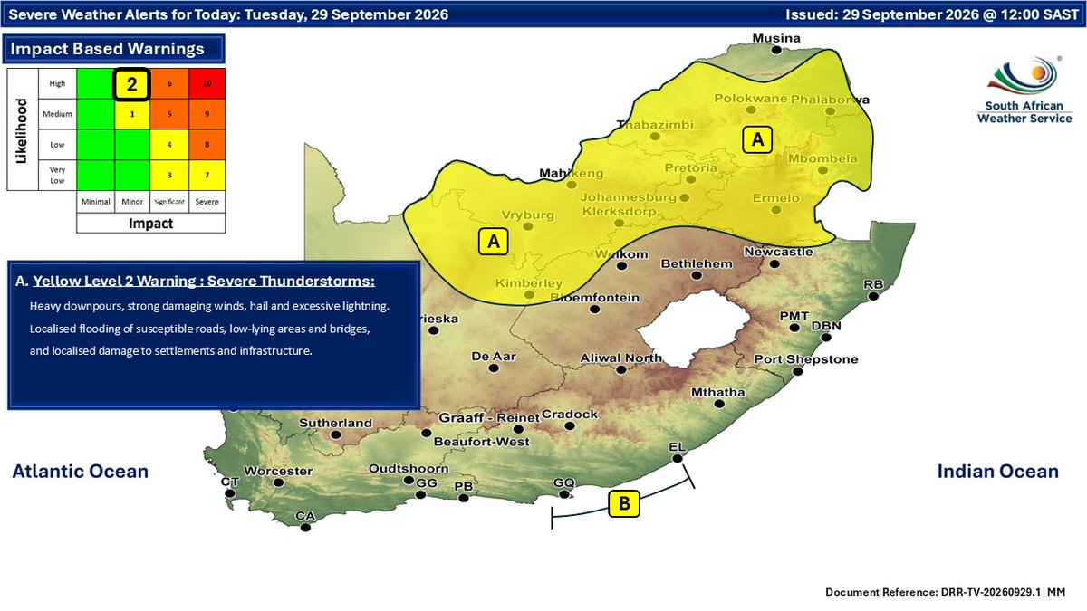 SAWeatherServic's tweet photo. Weather forecast for 29 - 30 September 2026. Cloudy conditions are expected over the eastern parts of the country. Otherwise, partly cloudy &amp; cool conditions are expected, with isolated to scattered showers &amp; thunderstorms possible over the central &amp; eastern parts of the RSA. https://t.co/K2LxIZk2Sl