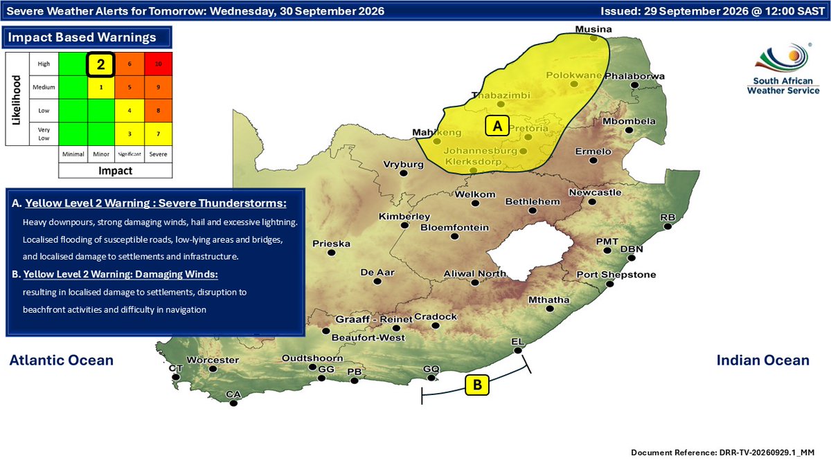 SAWeatherServic's tweet photo. Weather forecast for 29 - 30 September 2026. Cloudy conditions are expected over the eastern parts of the country. Otherwise, partly cloudy &amp; cool conditions are expected, with isolated to scattered showers &amp; thunderstorms possible over the central &amp; eastern parts of the RSA. https://t.co/K2LxIZk2Sl