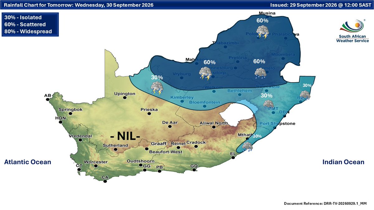 SAWeatherServic's tweet photo. Weather forecast for 29 - 30 September 2026. Cloudy conditions are expected over the eastern parts of the country. Otherwise, partly cloudy &amp; cool conditions are expected, with isolated to scattered showers &amp; thunderstorms possible over the central &amp; eastern parts of the RSA. https://t.co/K2LxIZk2Sl