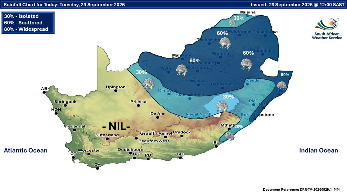 SAWeatherServic's tweet photo. Weather forecast for 29 - 30 September 2026. Cloudy conditions are expected over the eastern parts of the country. Otherwise, partly cloudy &amp; cool conditions are expected, with isolated to scattered showers &amp; thunderstorms possible over the central &amp; eastern parts of the RSA. https://t.co/K2LxIZk2Sl