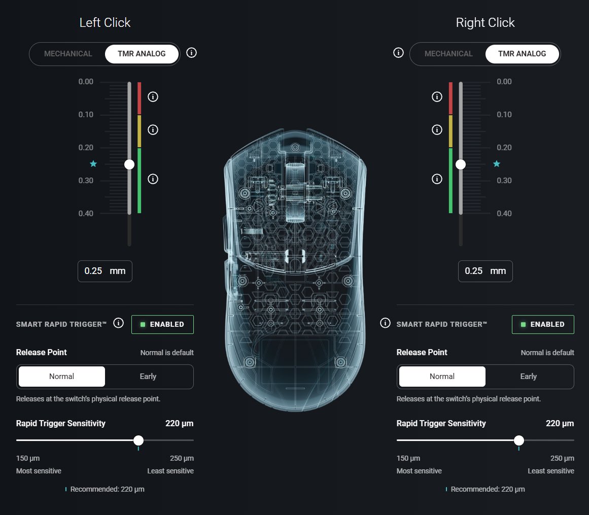 finalmouse's tweet photo. SLX FIRMWARE V1.1.0

A major update to TMR-DS, bringing improved actuation accuracy, finer adjustment, and new controls for release behavior and Smart Rapid Trigger sensitivity.

CHOOSE YOUR RELEASE POINT

A new toggle lets you select between Normal and Early release:

• Normal — the new default.
Releases at the physical release point of the switch. This addresses premature releases experienced by some users with certain grips, including interrupted sprays during sustained clicks.

• Early — the previous behavior.
Releases before the switch’s physical release point, allowing an earlier actuation reset for rapid one taps and consecutive clicks. If you preferred the previous release behavior, select Early.

REBUILT ACTUATION ADJUSTMENT

We overhauled the accuracy and range of the actuation adjustment, introducing finer increments and more selectable actuation points throughout the recommended (green) range.

Your existing actuation setting is automatically mapped to the new slider. Its position may shift by a few ticks as it moves to the new scale, so check your setting after updating and fine-tune it if needed.

ADJUSTABLE SMART RAPID TRIGGER SENSITIVITY

You can now tune Rapid Trigger sensitivity from 150–250 μm.

• Lower values respond to smaller movements.
• Higher values require more movement to trigger a reset or subsequent actuation.

The new default is 220 μm. The previous fixed setting was 190 μm—select 190 μm if you prefer that sensitivity.

PREFER THE PREVIOUS SETTINGS?

Select Early Release and set Rapid Trigger sensitivity to 190 μm.

After updating, review your TMR-DS settings in XPanel.