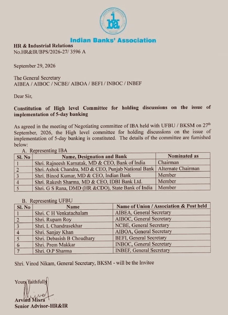 TamalBandyo's tweet photo. High Level Committee on 5-Day Week Demand in Banking. There’s no deadline though for closing it. https://t.co/wHvhNJvb9l