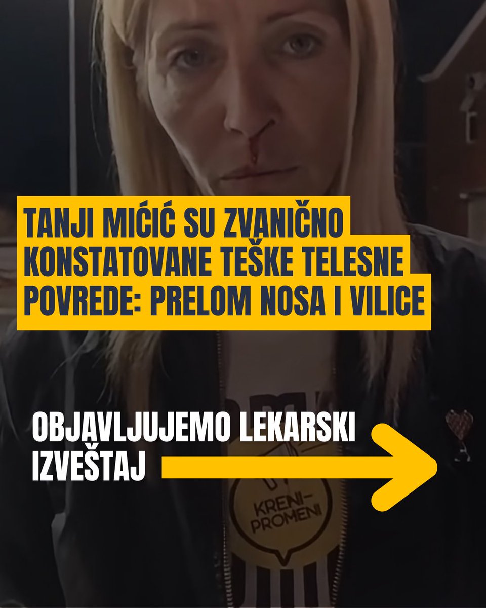 KPromeni's tweet photo. Objavljujemo zvanični lekarski izveštaj Tanje Mićić, kojim su konstatovane teške telesne povrede.

Vidimo se u 14č
Mihajla Pupina 16 https://t.co/sqRqW2RODR