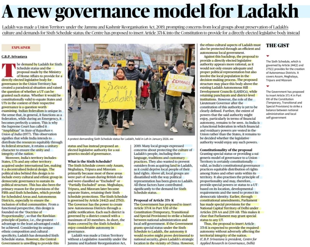 imRavikantYadav's tweet photo. A new Governance model for Ladakh
:An informative article by Sh C.B.P Srivastava
@cbpsrivastava
#Article371K #Ladakh
#SpecialStatus #SixthSchedule #Constitution #Culture #Tradition #Ethnicity #Language #Custom #LocalSelfGovernment
#StrategicLocation #China
#Security
#UPSC https://t.co/7uPfLvXsfV