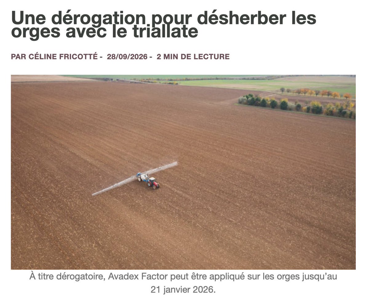 MaximCombes's tweet photo. 2022 : "Ce quinquennat sera écologique ou ne sera pas".

2026 : La ministre de l'Agriculture autorise un pesticide contenant du triallate, pourtant interdits en France depuis 2023, et dont l'Anses avait identifié un « risque inacceptable de contamination des eaux souterraines ». https://t.co/1v4y2wbOCX