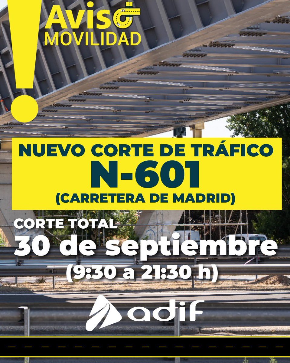 apcvalladolid's tweet photo. 📣 Mañana 30 de septiembre, entre las 09.30h y las 21.30h CORTE TOTAL de la #N601, entre Valladolid y Laguna de Duero por obras en el víaducto.

Utiliza vías alternativas. https://t.co/EDtAQZrviO