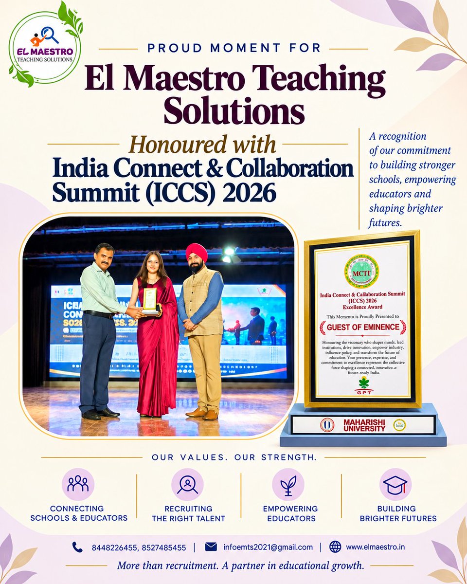 TeachingEl's tweet photo. A proud milestone for El Maestro Teaching Solutions! πβ¨
Honoured to be recognised at the India Connect & Collaboration Summit (ICCS) 2026.
π https://t.co/84oXaPGoaI
π +91-8527485455
#ElMaestroTeachingSolutions #ICCS2026 #IndiaConnectCollaborationSummit #EducationExcellence https://t.co/kv7cXcbEoV