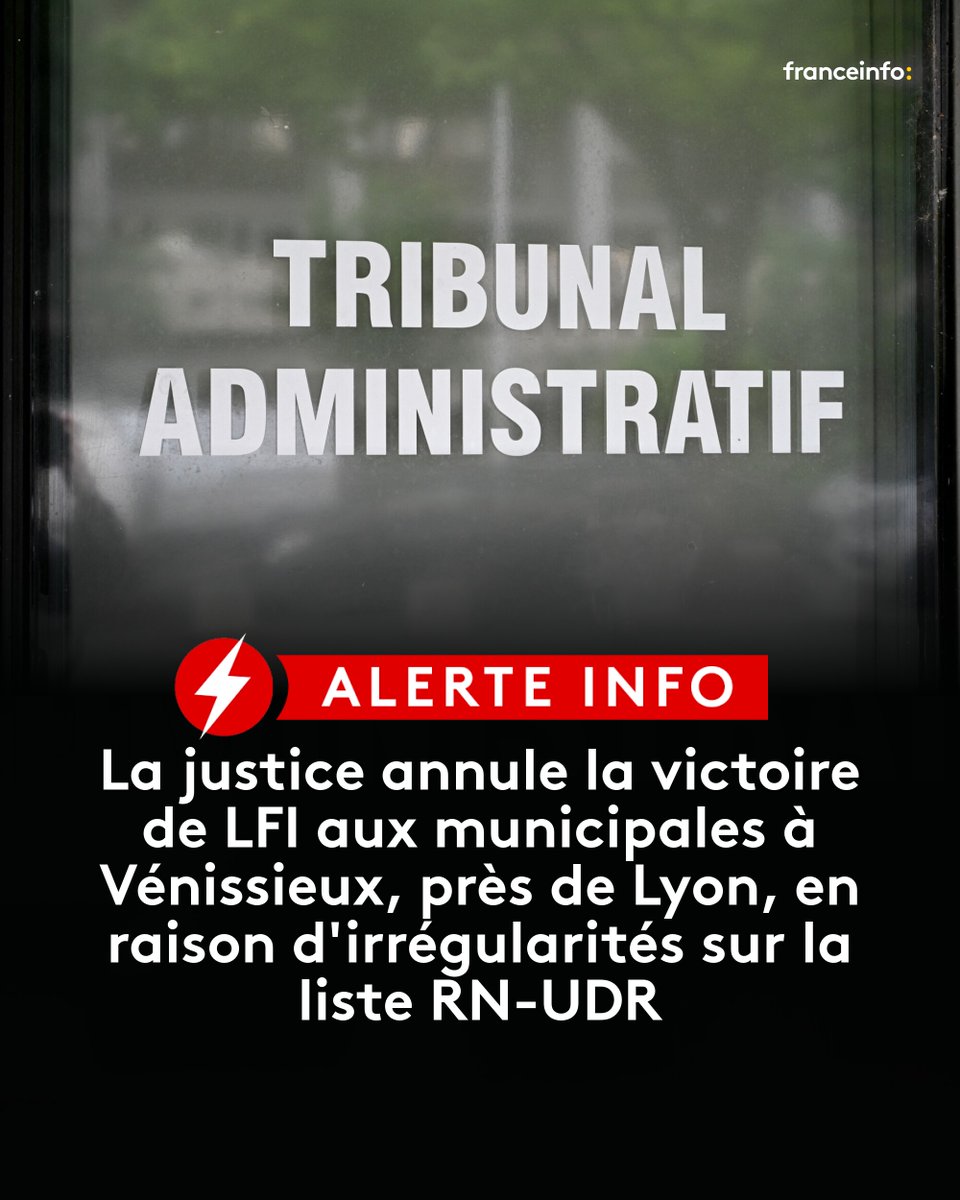 franceinfo's tweet photo. Le tribunal administratif de Lyon a pris cette décision car ces irrégularités, constatées sur une liste commune entre le Rassemblement national et l'Union des droites pour la République, le parti d'Eric Ciotti, ont pu avoir une influence sur des résultats extrêmement serrés.
➡️ https://t.co/HHh9VwVBPp