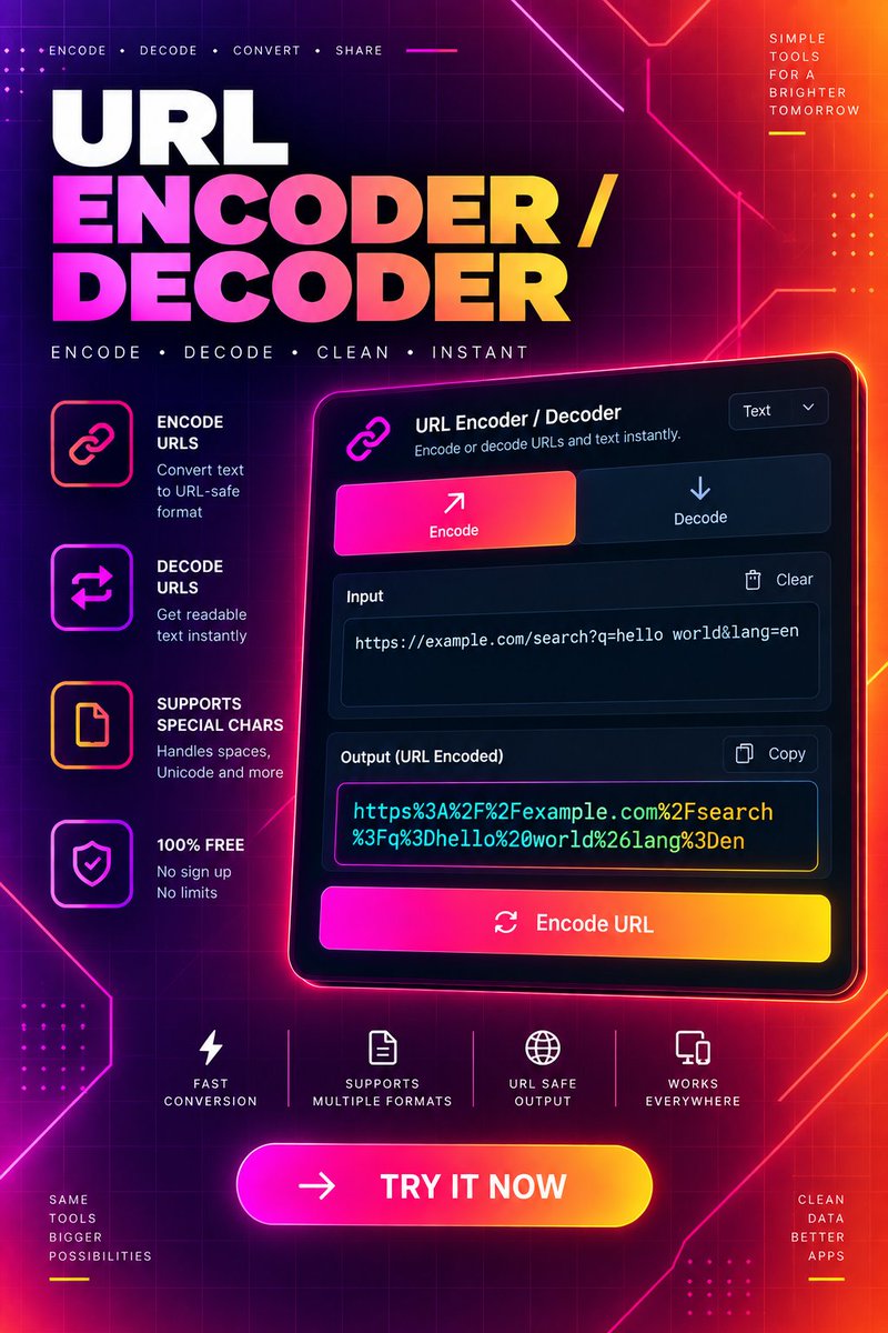 QuickHexCalc's tweet photo. Encode &amp; decode URLs instantly 🔗

Fast, free and simple — perfect for developers working with URLs, APIs &amp; web data.

#DevTools #WebDev #Coding #URL https://t.co/qFvHEmzAx0