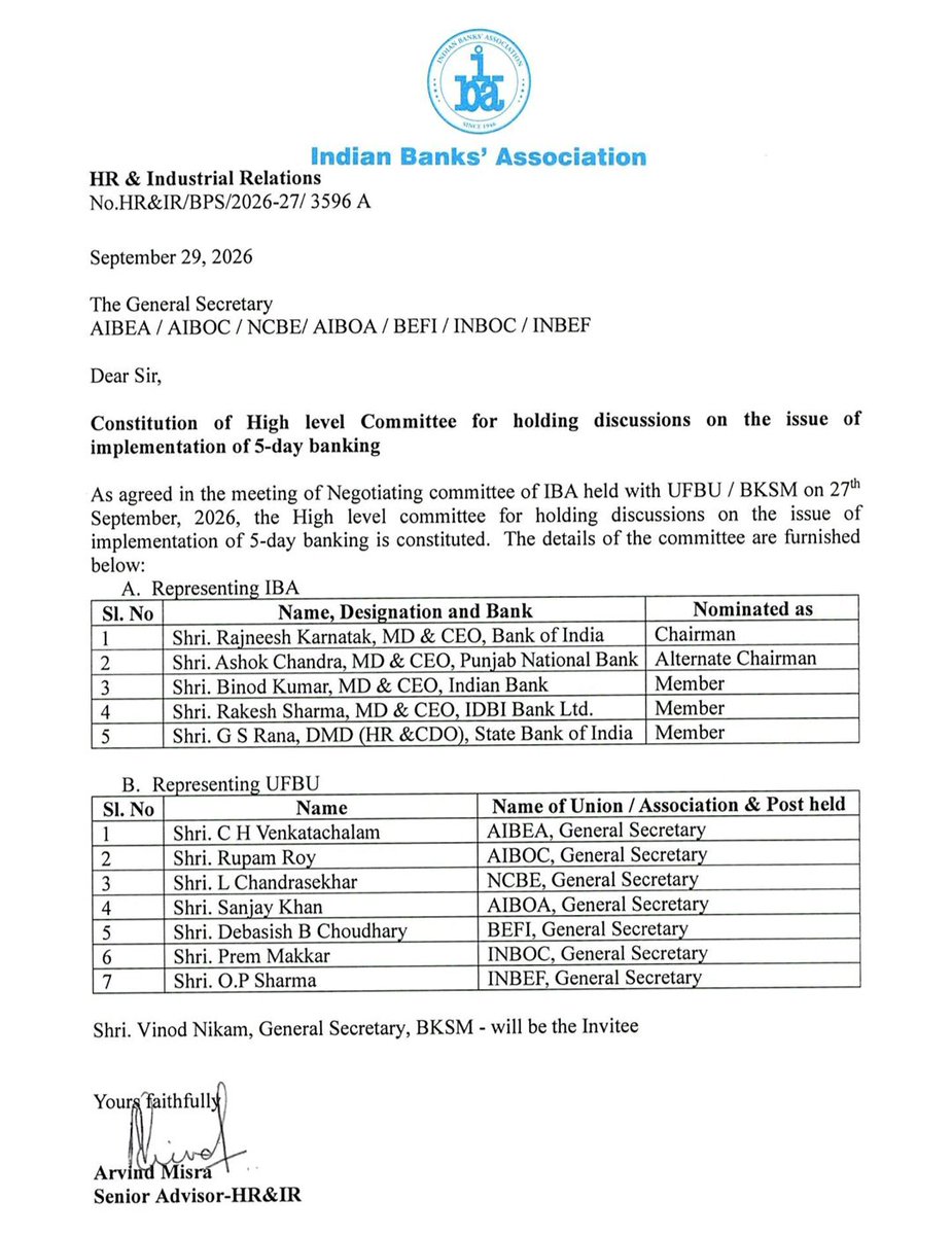 Hellobanker_in's tweet photo. High level Committee for 5-day banking has been formed. https://t.co/HxgOm4HVyq