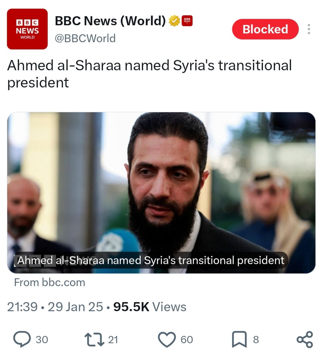 DavidHundeyin's tweet photo. Syrian terrorist with $10m US govt bounty on his head = "transitional president"

Burkinabé president = "junta leader"

Oyibo empire "journalism" = extremely bad for your health.

As an African who wants to live long, stop consuming this crap. It's literally bad for you. https://t.co/IggckQkFph