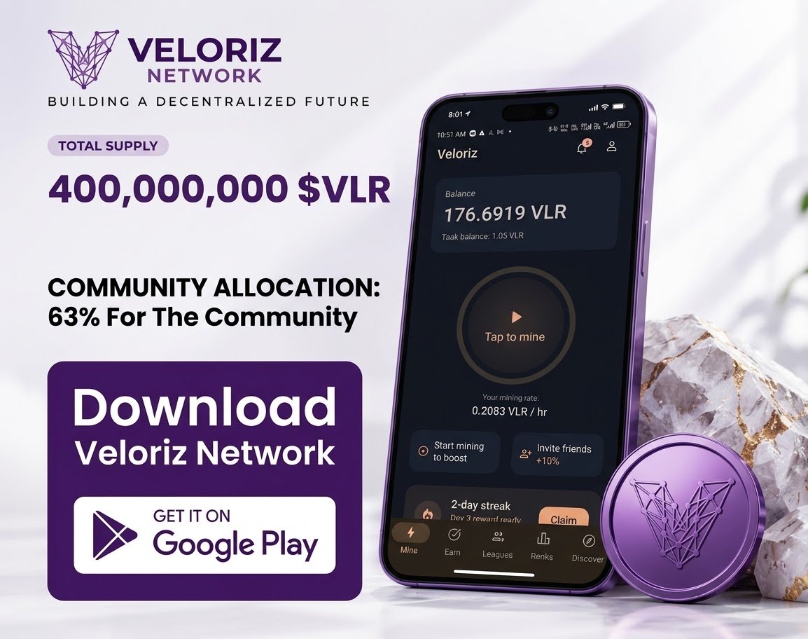 Veloriznetwork's tweet photo. With Veloriz Network, you can start your $VLR mining journey directly from your phone.

No expensive equipment. No complicated setup. Just open the app, start your mining session, and stay consistent.

⛏️ Mine every 24 hours
👥 Invite friends and grow your team
🔥 Stay active and increase your mining hash rate
🎡 Use the spinning feature for additional $VLR earning opportunities

400,000,000 $VLR maximum supply. 63% allocated to the community.

If you haven’t started yet, this is your invitation.

Download Veloriz. Start mining. Keep building.

#VelorizNetwork #VLR #MobileMining #MineVLR
