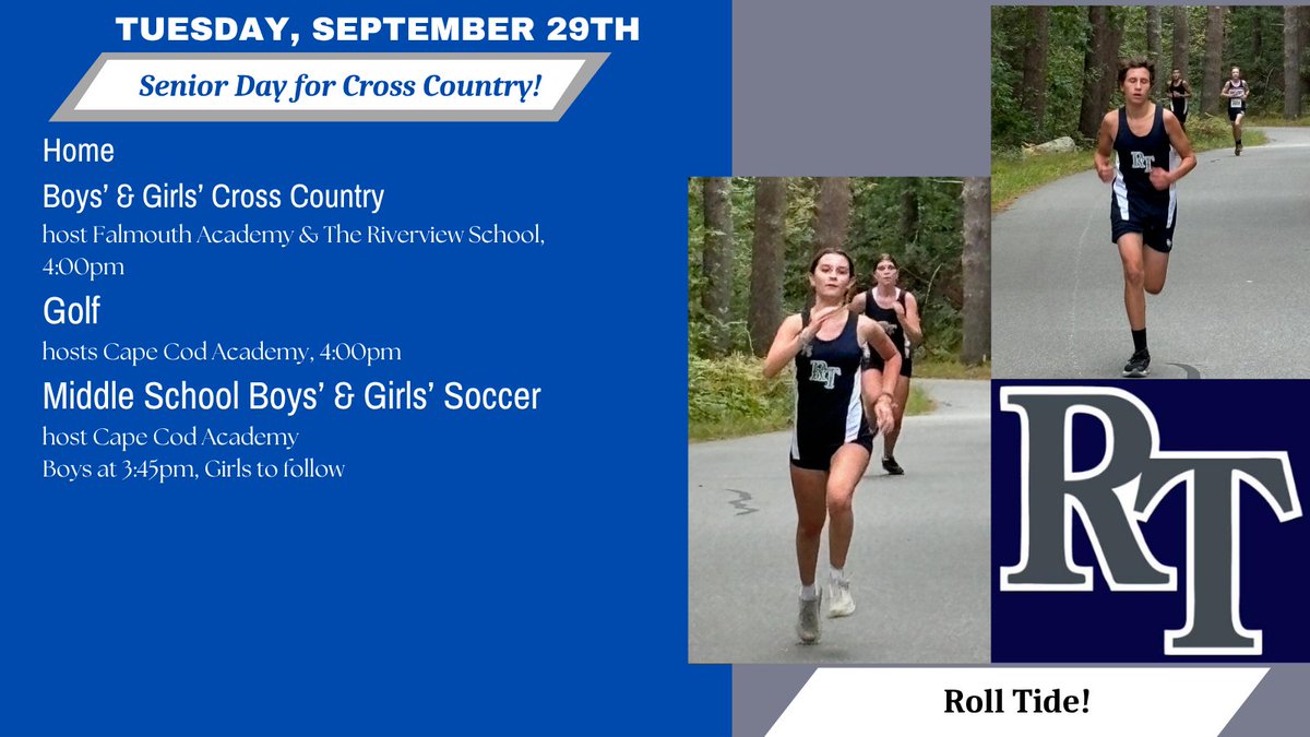 RisingTide1620's tweet photo. Tue 9/29 schedule:
Senior Day for Cross Country!
Boys' &amp; Girls' Cross Country host Falmouth Academy and the Riverview School, 4:00pm

Golf hosts Cape Cod Academy, 4:00pm
Middle School Boys' &amp; Girls' Soccer hosts Cape Cod Academy. Boys at 3:45pm, girls to follow https://t.co/D3tCUwe77F