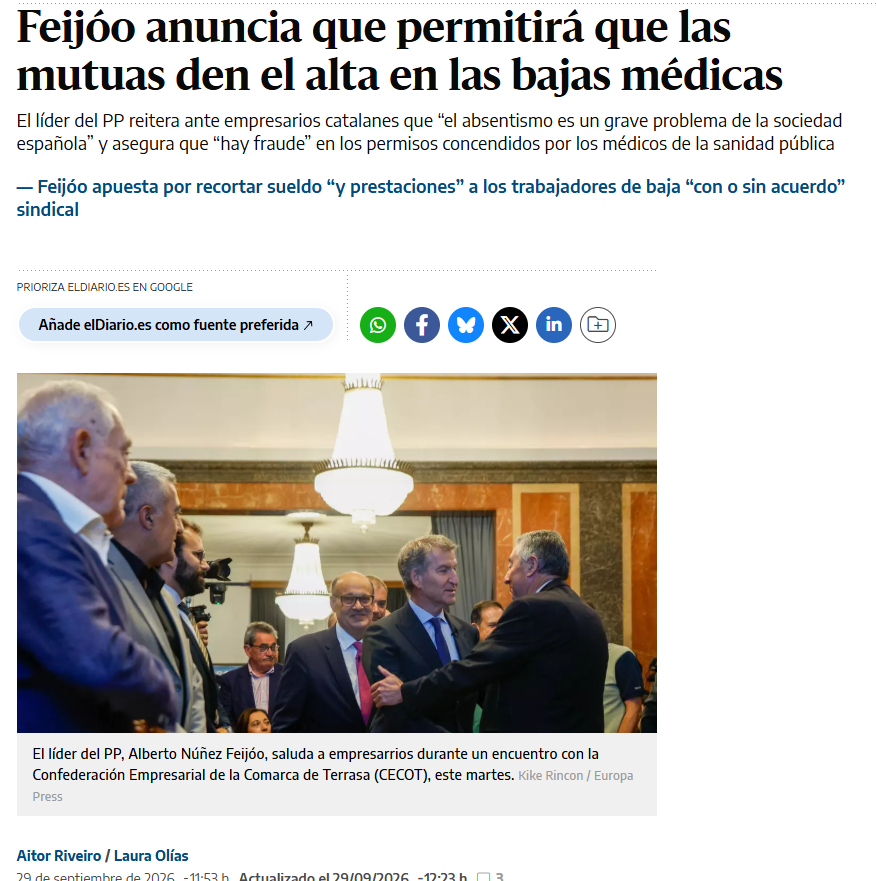 SaludLab_CCOO's tweet photo. Feijoo acusa a médicas y médicos del Sistema Público de Salud de "fraude" en las bajas laborales y permitirá a las Mutuas dar el alta. Han destrozado la sanidad pública y ahora quieren responsabilizar del caos a las personas trabajadoras y a los profesionales de la salud https://t.co/h6OJ0CN3CB