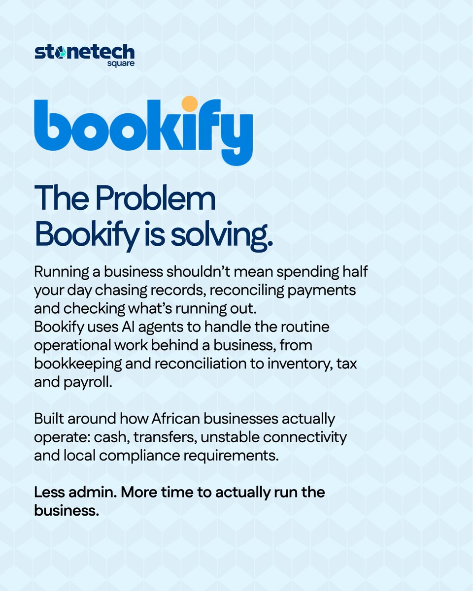 stonetechsquare's tweet photo. Stonetech backs Nigerian Ai Startup with $150K.
Meet Bookify, an Al-powered ERP automating the day-to-day work of running a business in Africa.
@usebookify
#usebookify #stonetech https://t.co/1PGJCGFN6f
