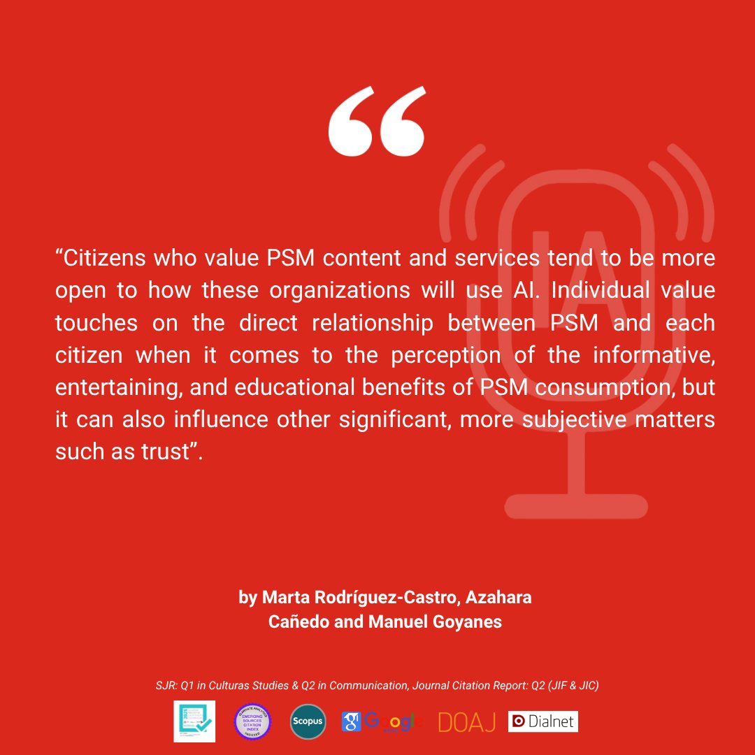 JournalCommSoc's tweet photo. 📄”Artificial Intelligence in Public Service Media: Public Perceptions of AI Adoption in Spanish and German Broadcasters” by @martarodcastro, @AzaharaCanedo and @ManuGoyanes 

🔍https://t.co/v0ec6dU2sE

#OpenAccess #Communication #Academic #AI #PublicServiceMedia #PSM https://t.co/DuNZyHmxNI