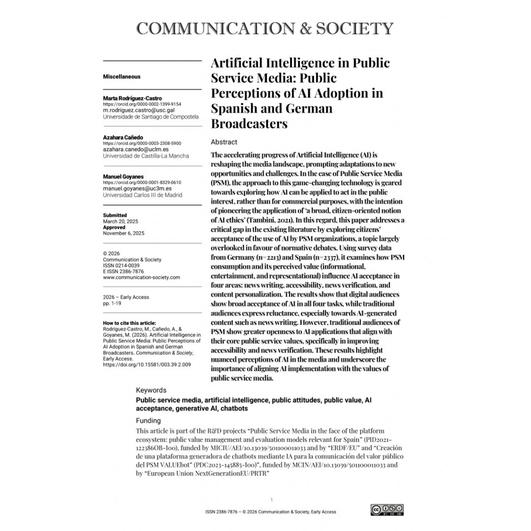 JournalCommSoc's tweet photo. 📄”Artificial Intelligence in Public Service Media: Public Perceptions of AI Adoption in Spanish and German Broadcasters” by @martarodcastro, @AzaharaCanedo and @ManuGoyanes 

🔍https://t.co/v0ec6dU2sE

#OpenAccess #Communication #Academic #AI #PublicServiceMedia #PSM https://t.co/DuNZyHmxNI