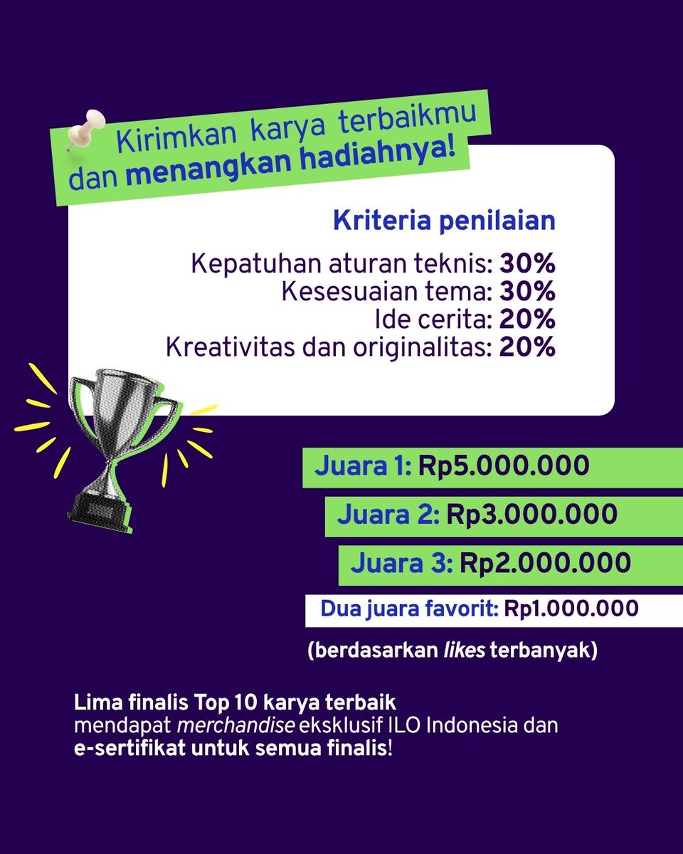 IndonesiaILO's tweet photo. 📢 Batas pengumpulan karya diperpanjang hingga 4 Oktober, 2026! 

Ikuti kompetisi media sosial #JustEnergyTransition bersama ILO Indonesia.

Tunjukkan karyamu dengan tema “Masa depan pekerjaan di era transisi energi” ⚡, dan menangkan jutaan rupiah serta hadiah menarik lainnya! https://t.co/iqK0Lwa6Nu