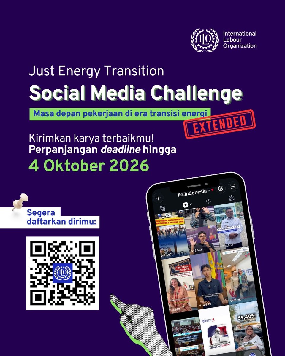 IndonesiaILO's tweet photo. 📢 Batas pengumpulan karya diperpanjang hingga 4 Oktober, 2026! 

Ikuti kompetisi media sosial #JustEnergyTransition bersama ILO Indonesia.

Tunjukkan karyamu dengan tema “Masa depan pekerjaan di era transisi energi” ⚡, dan menangkan jutaan rupiah serta hadiah menarik lainnya! https://t.co/iqK0Lwa6Nu