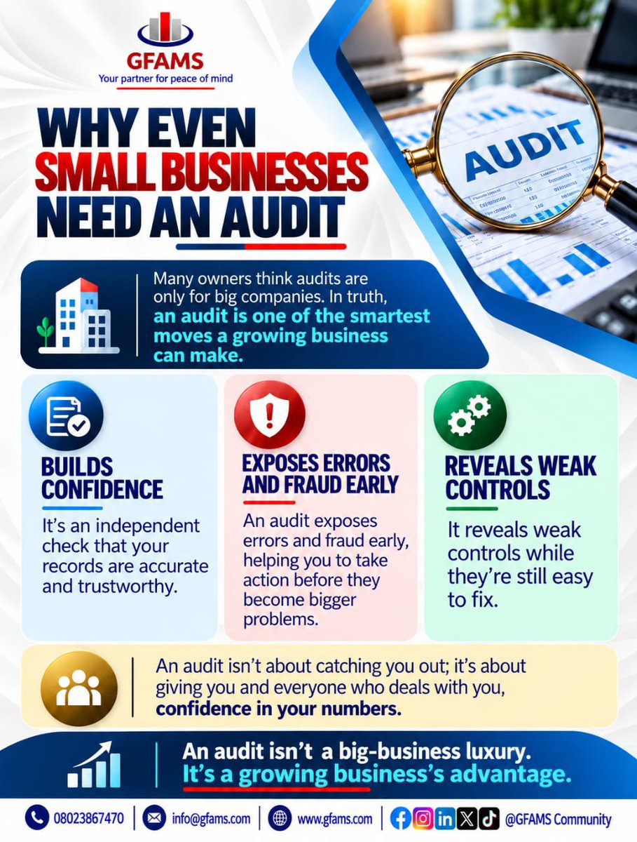 Gfams1234's tweet photo. Think audits are only for the big players? Think again. 

An audit isn't about being caught out, it's an independent check that your numbers are accurate and trustworthy. For a growing business, that's a real advantage: it builds confidence with banks and investors. https://t.co/yBUXvoCoZo