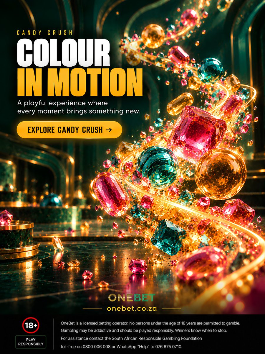 OneBet_SA's tweet photo. 🍬 COLOUR IN MOTION
Bright colours, playful energy, and something new with every moment. ✨
Step into Candy Crush on OneBet and explore a colourful experience that keeps the action moving.
👉 Explore Candy Crush at https://t.co/bWa3RIYMGD
#OneBetSA #CandyCrush #ColourInMotion #GameDiscovery #OnlineEntertainment #GameTime #SouthAfrica #PlayResponsibly #OneBet
OneBet is a licensed betting operator. No persons under the age of 18 years are permitted to gamble. Gambling may be addictive and should be played responsibly. Winners know when to stop. For assistance, contact the South African Responsible Gambling Foundation toll-free on 0800 006 008 or WhatsApp "Help" to 076 675 0710.
Entertainment only. 18+ | Licensed by the WCGRB.