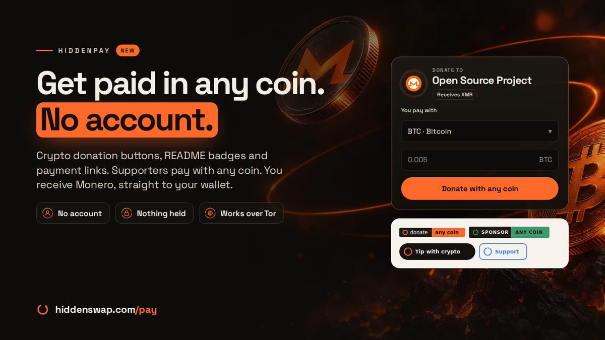 cryptonews's tweet photo. HiddenSwap Launches HiddenPay: No-KYC Crypto Donation Buttons and Payment Links That Accept Any Coin
https://t.co/x3Bm6iq7rH https://t.co/8Hx1HWJKIV