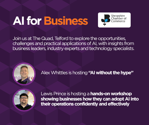 PurpleFrogData's tweet photo. Your business knows it wants to use AI. But what comes next?🤔

Join Purple Frog MVPs Alex Whittles &amp; Lewis Prince in Telford on 21 October for practical advice, honest conversations and hands-on learning at AI for Business. 🤖

👉 https://t.co/iLLwprEEfT #Shropshire https://t.co/AjClQsV5oL