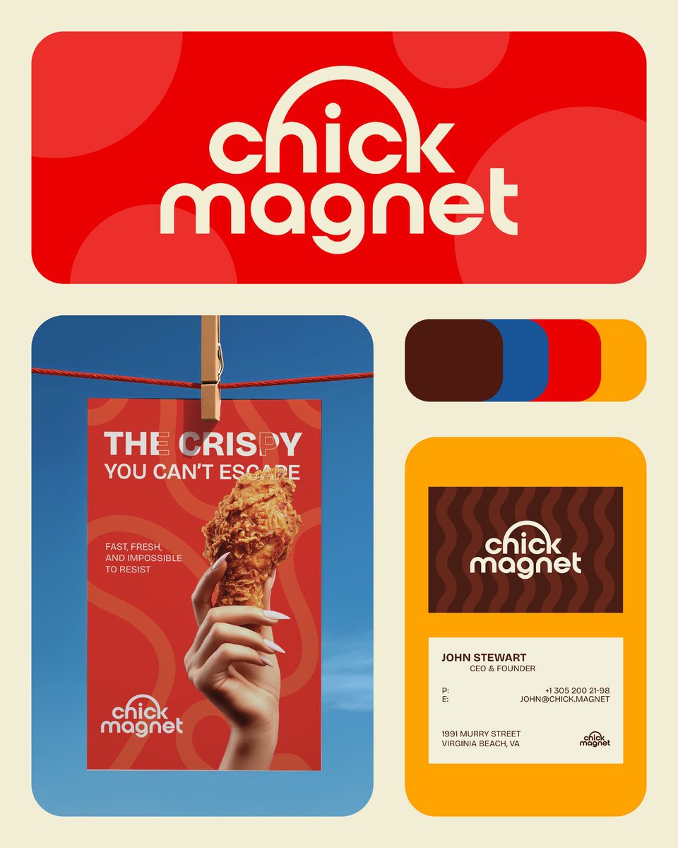 markaworks's tweet photo. Bold colors, expressive typography, and a playful visual language come together for Chick Magnet. 🍗⚡ From logo to packaging, menus, signage, and digital touchpoints, we built a cohesive brand experience full of personality.

https://t.co/MJocQX3Yne https://t.co/siBvD4ERkd