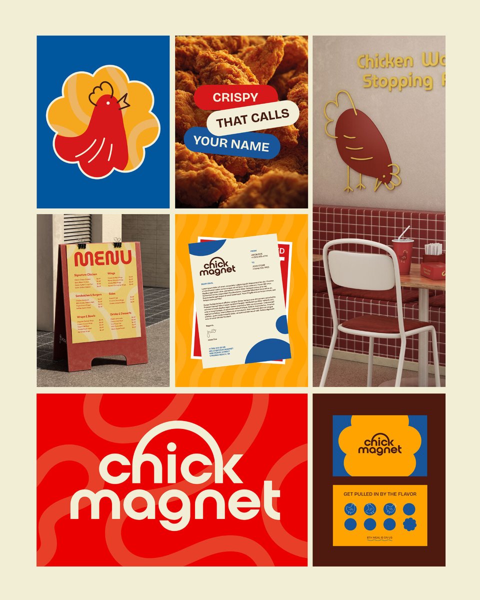 markaworks's tweet photo. Bold colors, expressive typography, and a playful visual language come together for Chick Magnet. 🍗⚡ From logo to packaging, menus, signage, and digital touchpoints, we built a cohesive brand experience full of personality.

https://t.co/MJocQX3Yne https://t.co/siBvD4ERkd