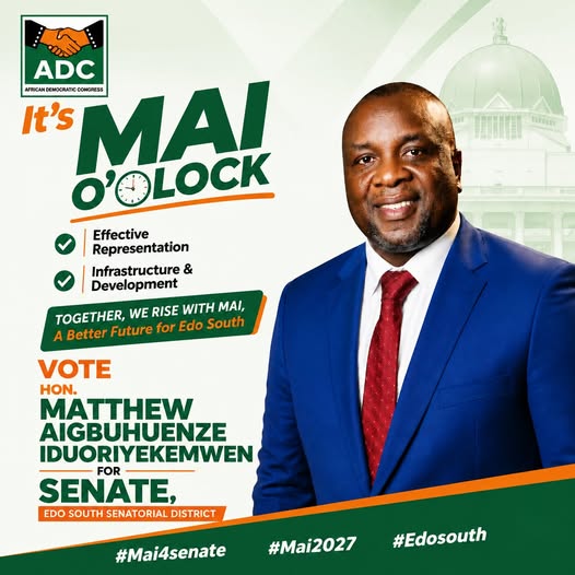 MAI4SENATE2027's tweet photo. Hon. Matthew Iduoriyekemwen is associated with a leadership vision centered on public service, representation, and engagement with the people of Edo South.

His public activities emphasize themes of community connection, understanding the concerns of citizens, and contributing to discussions on development and governance within the senatorial district.

Vote MAI. Vote ADC.

#MAI4Senate #MAI2027 #EdoSouth #ADC