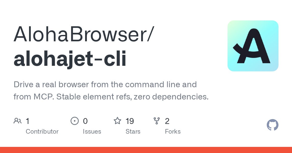 alohabrowser's tweet photo. alohajet drives a real browser from the command line and over MCP. Element refs come from the page, so the same ref works in the next process, tomorrow. Open source, Apache-2.0, macOS.