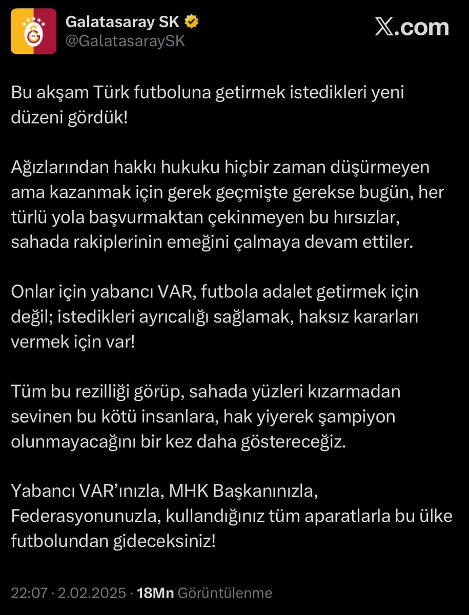 zcakir27's tweet photo. Bakmayın şimdi birilerinin atıp tuttuğuna!
Ferhat Gündoğdu'lu @MHK_Resmi döneminde;

❌ En çok Galatasar'ın golü iptal edilmiş 
🟥 En çok kırmızı kart gören takım Galatasaray olmuş 
⚽️ En çok penaltı Galatasaray aleyhine verilmiş  
❌ En çok Galatasaray'ın penaltısı iptal edilmiş 

O yüzden de MHK ve @TFF_Org nin istifasını isteyecek cesaret ve samimiyeti bir tek @GalatasaraySK göstermiş.