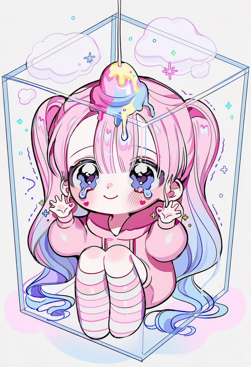 noeul_zzix's tweet photo. ㅈ, 조기요오… 장난 안 치께요… 꺼내듀명 안 대까요오…,

5::chibi, chibi only, cute::, 

5::trapped inside a transparent glass box::,
clear cube walls surrounding the entire body,
4::both hands knocking against the transparent wall::,
palms and fingertips pressed against the glass,
body leaning toward the wall,

4::teary watery eyes::,
tears welling up, trembling pout,
pitiful about-to-cry expression,

5::melting ice cream dripping down from the top of the head::,
4::soft colorful ice cream slowly melting over the hair::,
thick creamy drips running down the head,
tiny sprinkles stuck in the melting ice cream,

cute oversized pastel hoodie,
fluffy shorts, striped knee-high socks,
soft slippers, small ribbon accessories,

cute dreamy pastel room,
giant plush toys, fluffy clouds,
tiny stars and hearts, pastel cushions,
soft pink and baby-blue lighting,
sparkles reflecting across the glass,

soft dreamy lighting, full body,

-4::broken glass, cracked box, dark horror, angry expression::