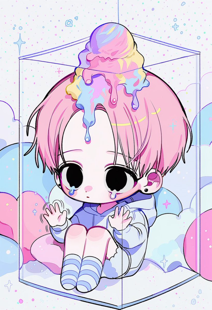 noeul_zzix's tweet photo. ㅈ, 조기요오… 장난 안 치께요… 꺼내듀명 안 대까요오…,

5::chibi, chibi only, cute::, 

5::trapped inside a transparent glass box::,
clear cube walls surrounding the entire body,
4::both hands knocking against the transparent wall::,
palms and fingertips pressed against the glass,
body leaning toward the wall,

4::teary watery eyes::,
tears welling up, trembling pout,
pitiful about-to-cry expression,

5::melting ice cream dripping down from the top of the head::,
4::soft colorful ice cream slowly melting over the hair::,
thick creamy drips running down the head,
tiny sprinkles stuck in the melting ice cream,

cute oversized pastel hoodie,
fluffy shorts, striped knee-high socks,
soft slippers, small ribbon accessories,

cute dreamy pastel room,
giant plush toys, fluffy clouds,
tiny stars and hearts, pastel cushions,
soft pink and baby-blue lighting,
sparkles reflecting across the glass,

soft dreamy lighting, full body,

-4::broken glass, cracked box, dark horror, angry expression::