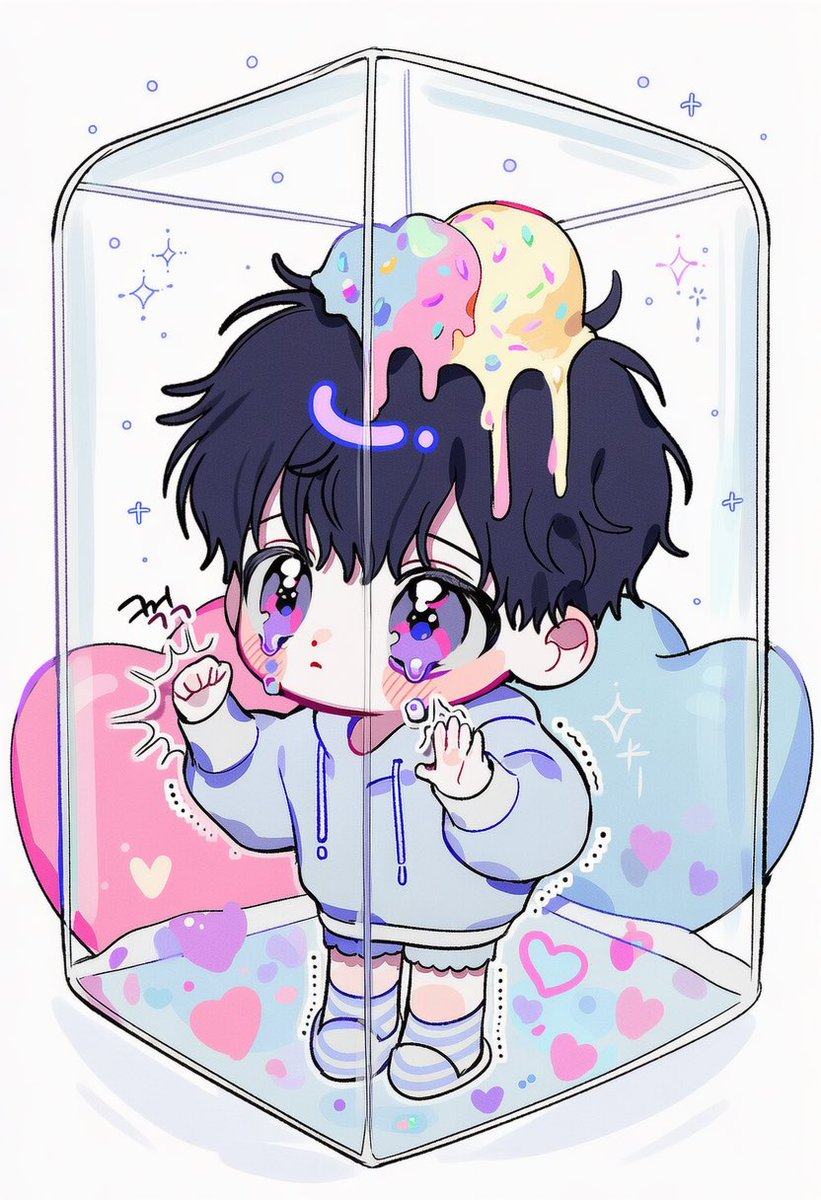 noeul_zzix's tweet photo. ㅈ, 조기요오… 장난 안 치께요… 꺼내듀명 안 대까요오…,

5::chibi, chibi only, cute::, 

5::trapped inside a transparent glass box::,
clear cube walls surrounding the entire body,
4::both hands knocking against the transparent wall::,
palms and fingertips pressed against the glass,
body leaning toward the wall,

4::teary watery eyes::,
tears welling up, trembling pout,
pitiful about-to-cry expression,

5::melting ice cream dripping down from the top of the head::,
4::soft colorful ice cream slowly melting over the hair::,
thick creamy drips running down the head,
tiny sprinkles stuck in the melting ice cream,

cute oversized pastel hoodie,
fluffy shorts, striped knee-high socks,
soft slippers, small ribbon accessories,

cute dreamy pastel room,
giant plush toys, fluffy clouds,
tiny stars and hearts, pastel cushions,
soft pink and baby-blue lighting,
sparkles reflecting across the glass,

soft dreamy lighting, full body,

-4::broken glass, cracked box, dark horror, angry expression::
