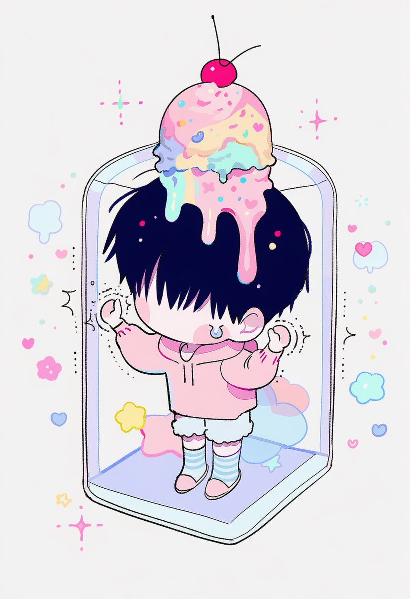 noeul_zzix's tweet photo. ㅈ, 조기요오… 장난 안 치께요… 꺼내듀명 안 대까요오…,

5::chibi, chibi only, cute::, 

5::trapped inside a transparent glass box::,
clear cube walls surrounding the entire body,
4::both hands knocking against the transparent wall::,
palms and fingertips pressed against the glass,
body leaning toward the wall,

4::teary watery eyes::,
tears welling up, trembling pout,
pitiful about-to-cry expression,

5::melting ice cream dripping down from the top of the head::,
4::soft colorful ice cream slowly melting over the hair::,
thick creamy drips running down the head,
tiny sprinkles stuck in the melting ice cream,

cute oversized pastel hoodie,
fluffy shorts, striped knee-high socks,
soft slippers, small ribbon accessories,

cute dreamy pastel room,
giant plush toys, fluffy clouds,
tiny stars and hearts, pastel cushions,
soft pink and baby-blue lighting,
sparkles reflecting across the glass,

soft dreamy lighting, full body,

-4::broken glass, cracked box, dark horror, angry expression::