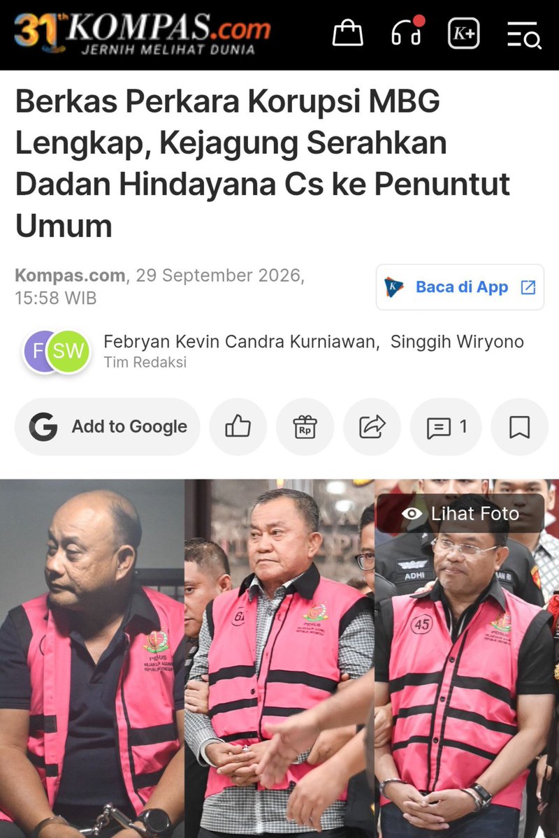 NayDonuts's tweet photo. BREAKING NEWS!

Berkas perkara korupsi tata kelola MBG resmi lengkap. Kejagung langsung limpahkan eks Kepala BGN Dadan Hindayana Cs ke Penuntut Umum Kejari Jakpus untuk segera disidangkan. Kasus megaproyek berujung rompi pink! Sokorin lu Dan! 😁 https://t.co/qd3LJima22