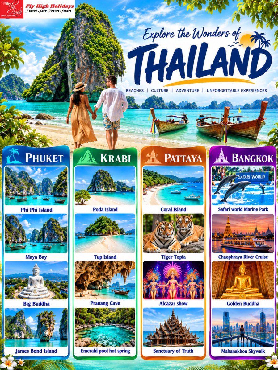 FLYHIGHHOLIDAYS's tweet photo. Thailand is an amazing destination, renowned for its stunning islands, vibrant beaches, delicious local street food, and colorful nightlife. It is an incredibly tourist-friendly location, and you can find the most affordable tour packages through Fly High Holidays https://t.co/WrmH8PpEoG